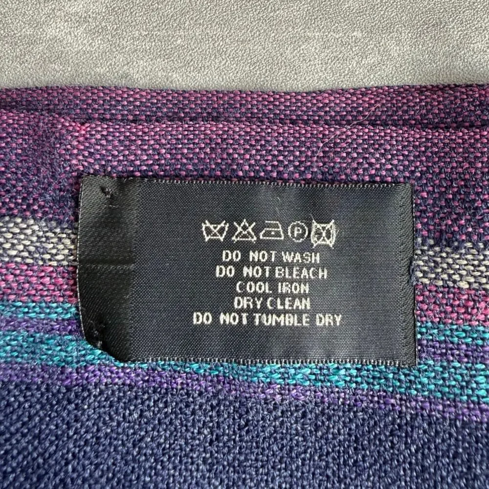 ETRO Italy Striped Scarf Purple Teal Wool Silk Cashmere Fringe Embroidered Logo